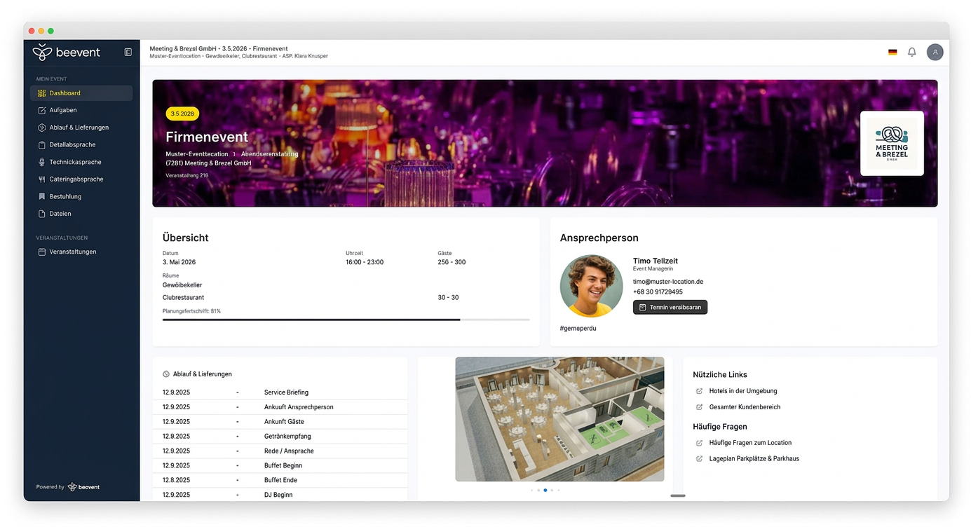 beevent Dashboard – Digitaler Eventraum mit Eventübersicht und Planungsfortschritt