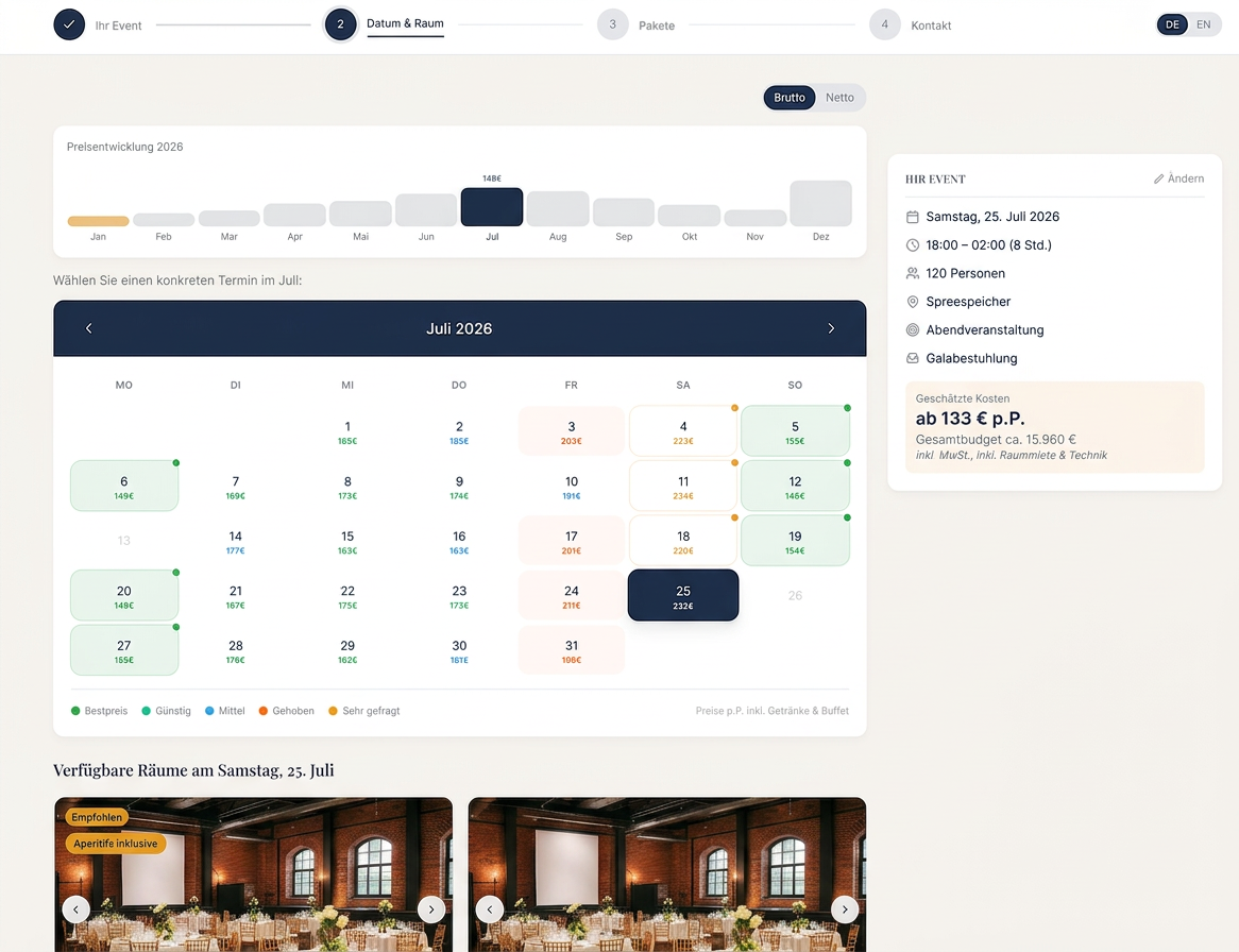 beevent Angebotsgenerator – Yield Management Kalenderansicht mit dynamischen Preisen