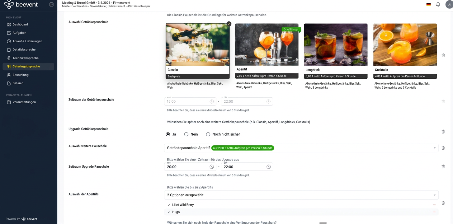 beevent Cateringabsprache – Getränkepauschalen und Menüauswahl