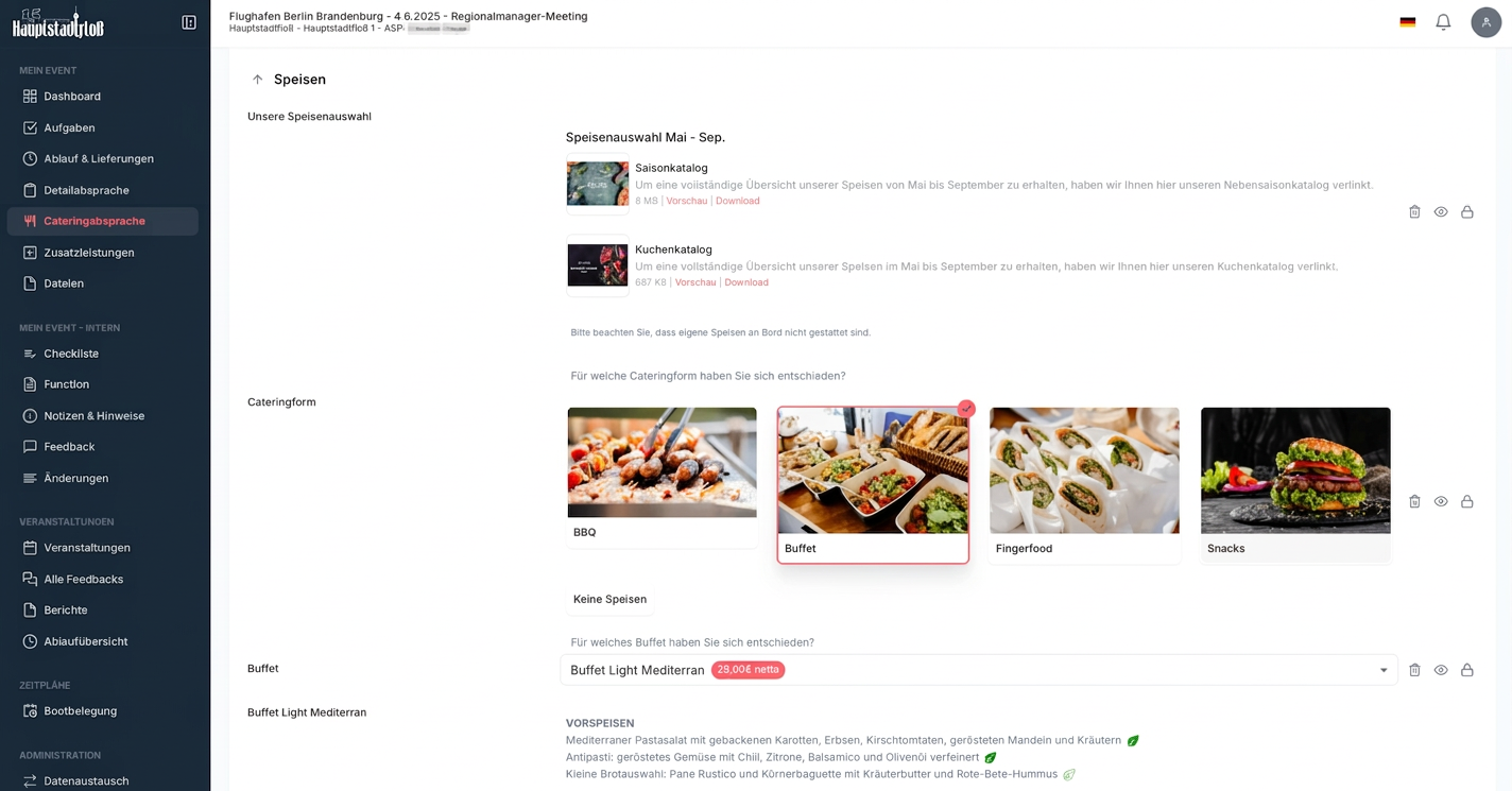 beevent Cateringabsprache – Menü und Getränke