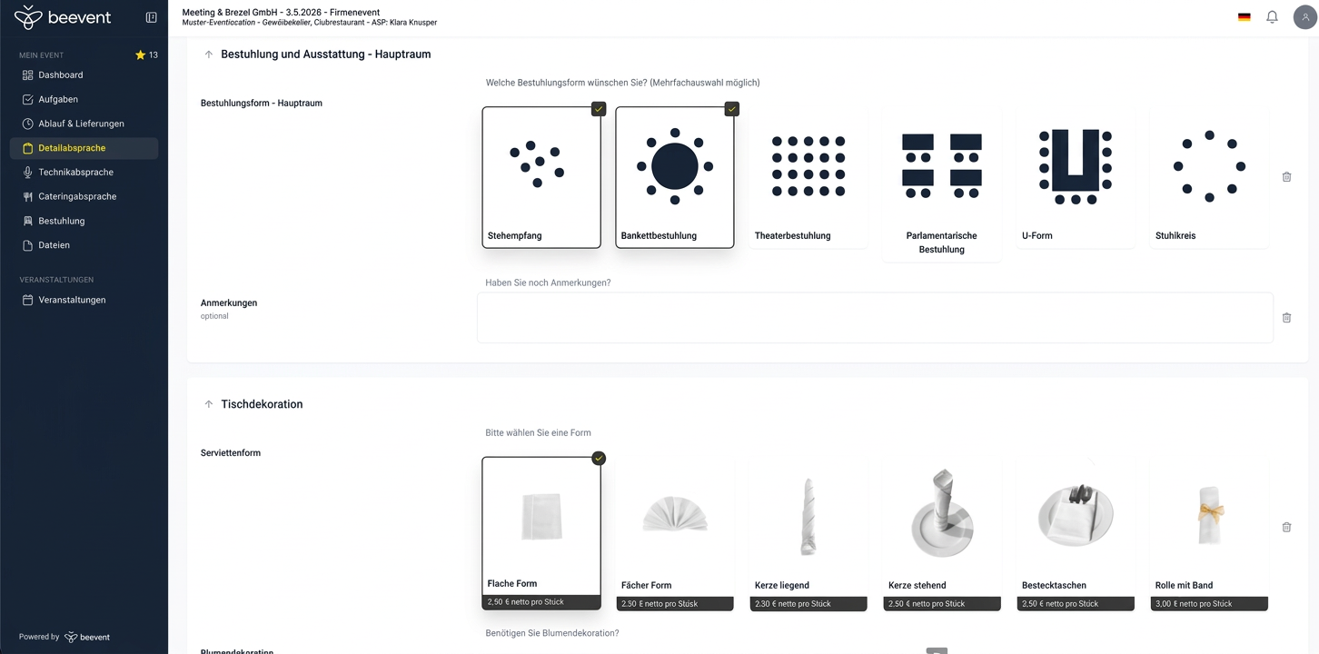 beevent Detailabsprache – Bestuhlung und Dekoration im digitalen Eventraum