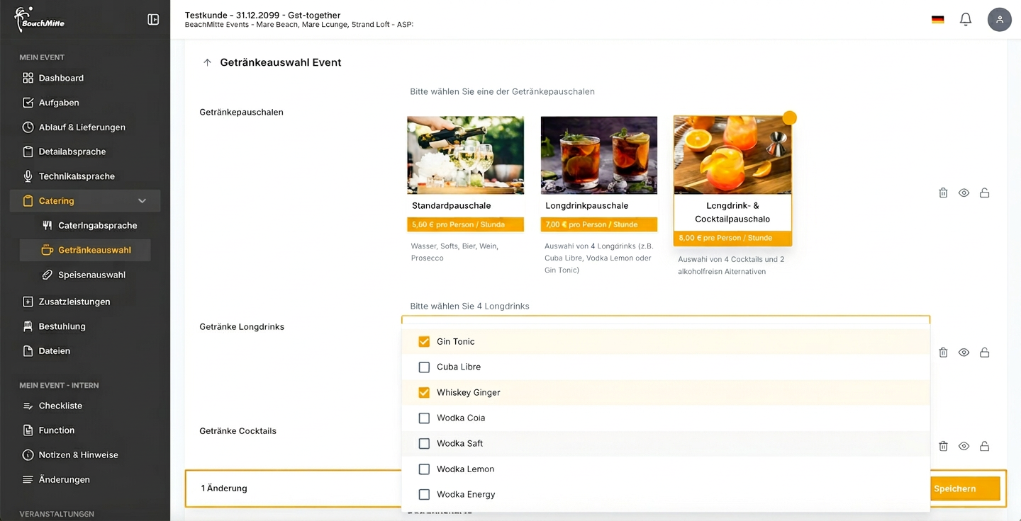 beevent Getränkeauswahl – Pauschalen und Longdrinks digital wählen
